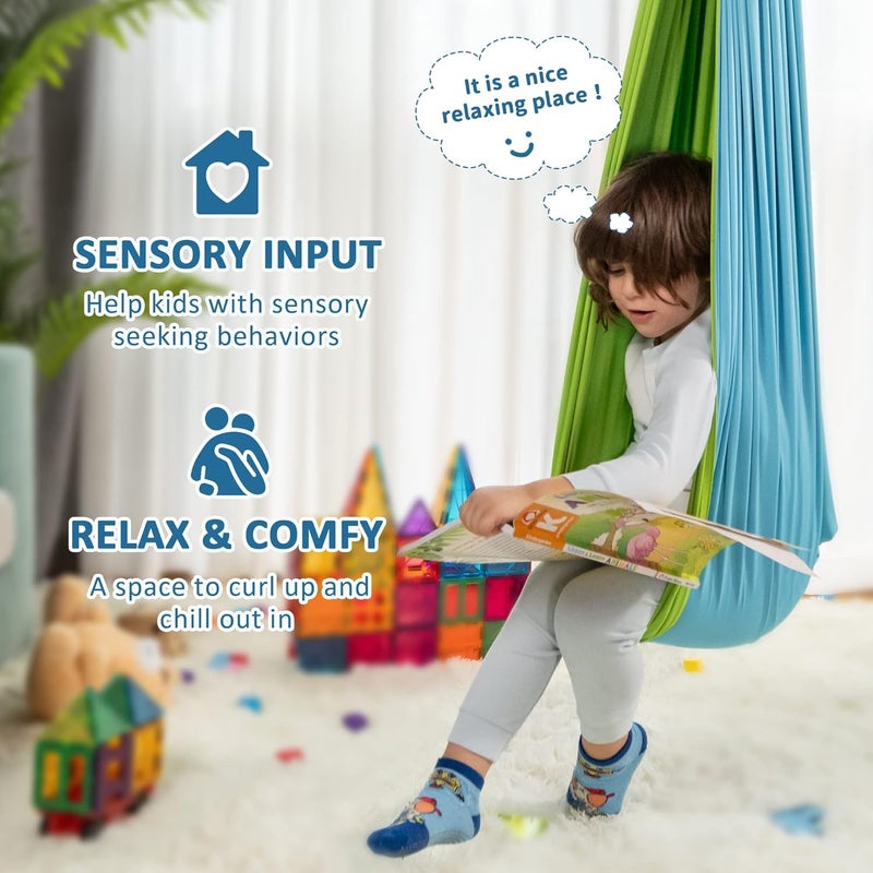 OUTREE Sensory Swing, Double Layer Therapy Swing with 360° Swivel Hanger, Healing & Relaxing Cuddle Sensory Swing for Kids and Adults with Autism, ADHD, Sensory Processing Disorder(Blue and Green) - Image 2